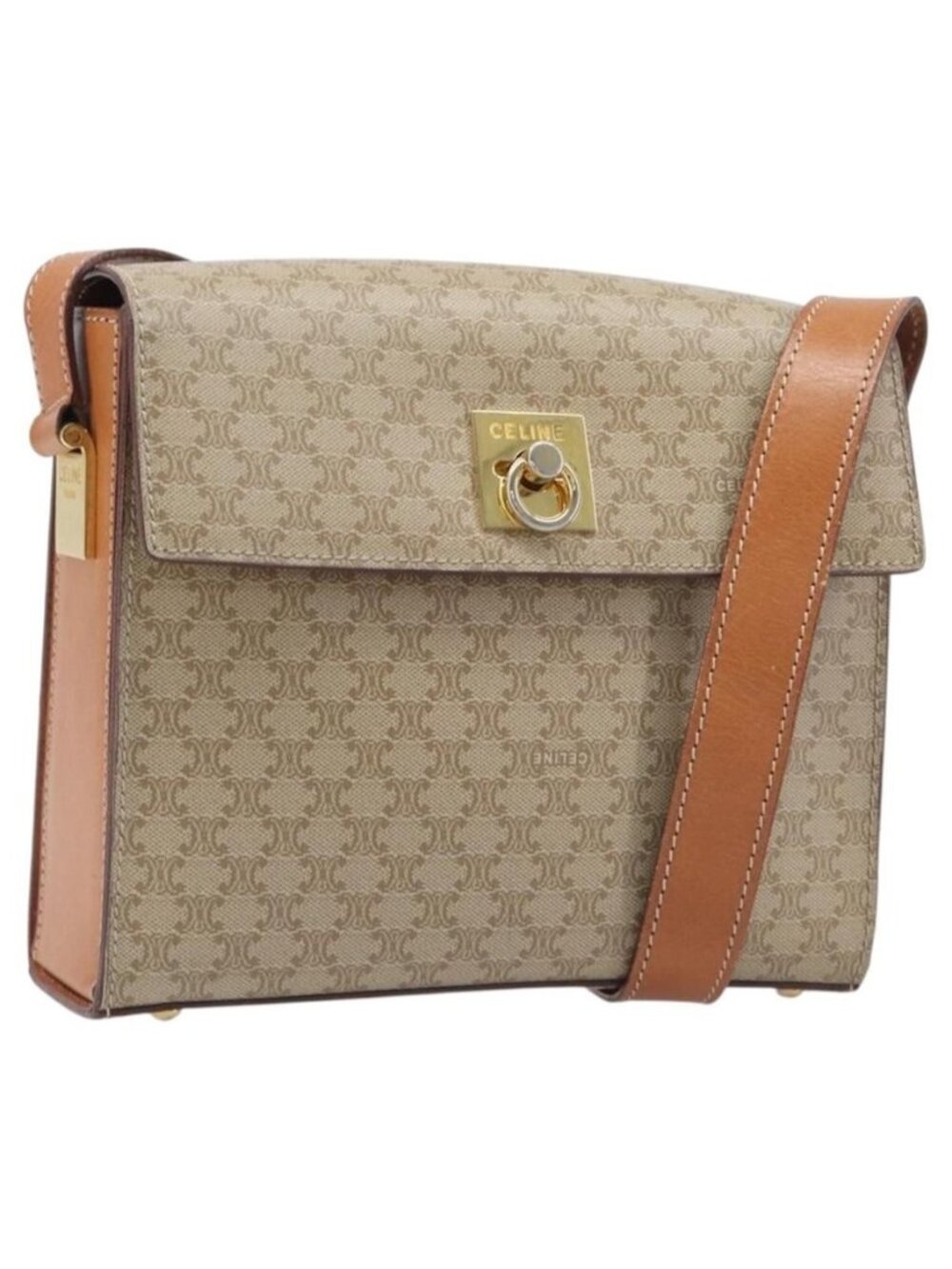 Authentic CELINE Macadam Shoulder Bag PVC Leather Beige Gold Tone